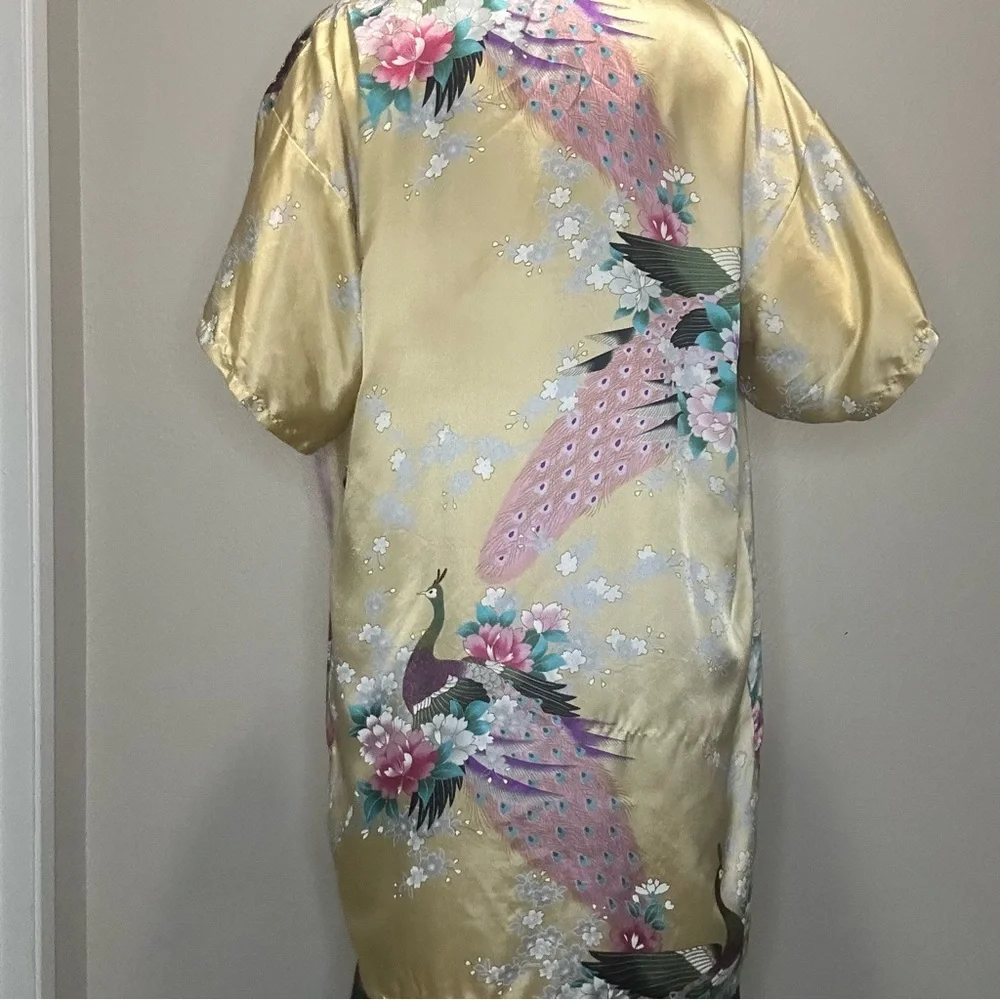 Jin Hon Gold Satin Peacock Floral Kimono Robe OS Artsy Loungewear Lightweight